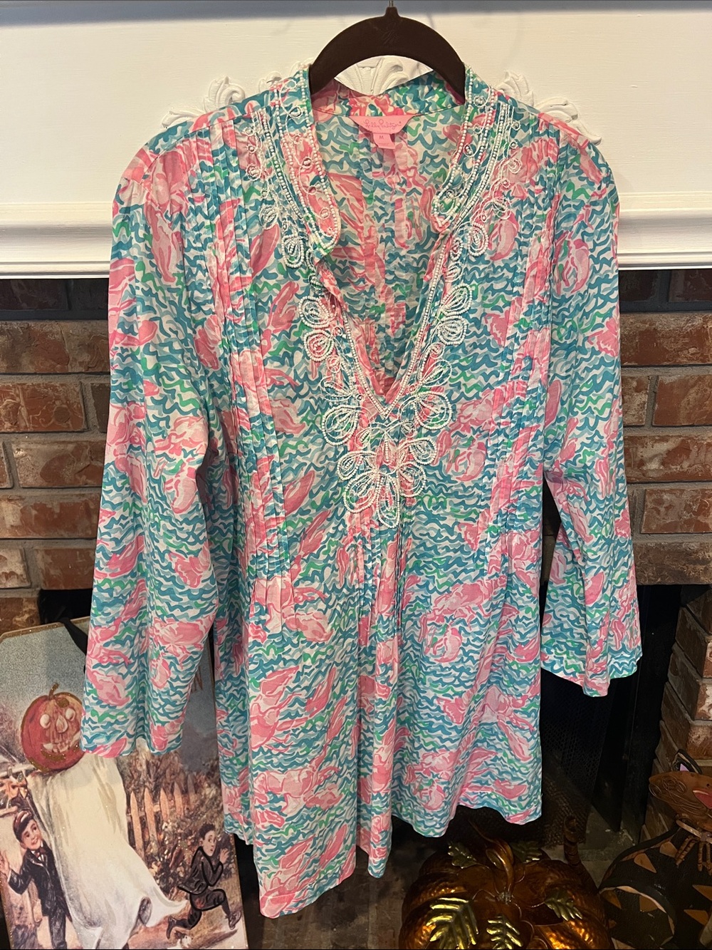Lilly Pulitzer Pink & Aqua Floral-Print Embroidered V-Neck Tunic